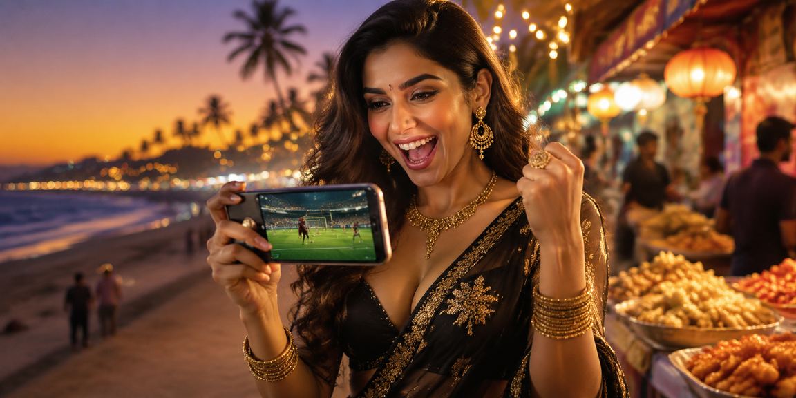 Mobile casino gaming at Goa beach with vibrant atmosphere