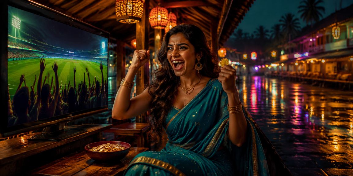 Traditional Kerala home setting with Rummy game on smartphone